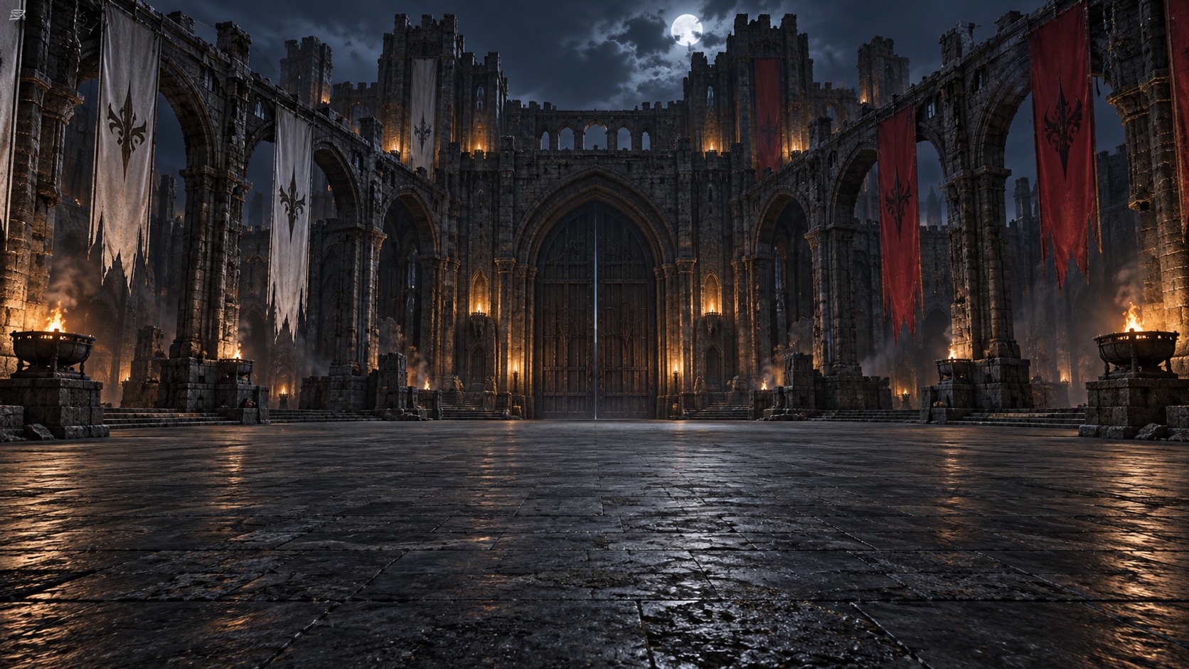 A sunlit castle courtyard with red and white banners