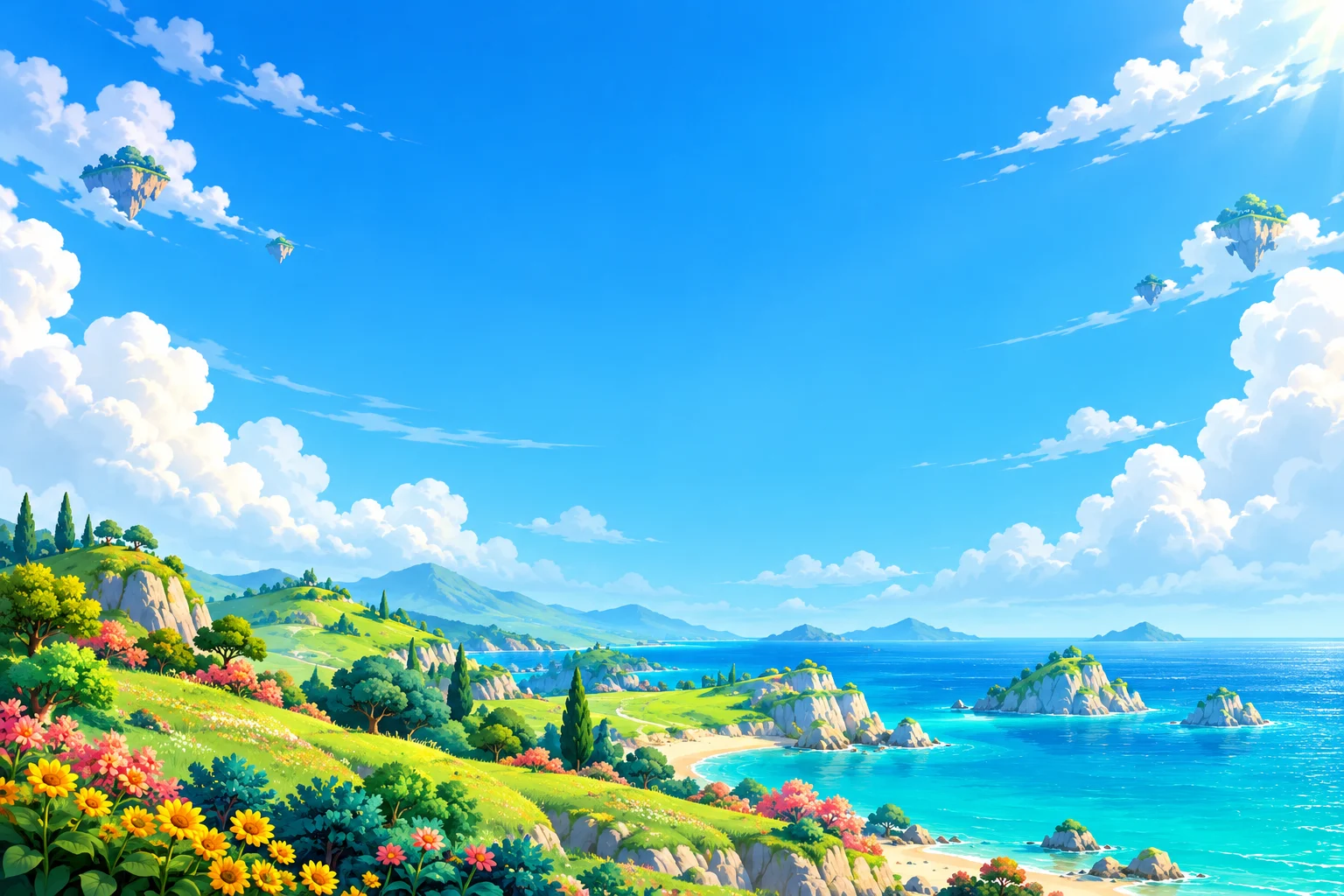 A colourful island adventure beneath a bright blue sky
